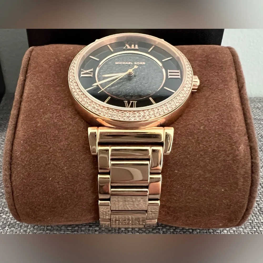Michael Kors Catlin Black Diamonds Dial Rose Gold Steel Strap Watch Women MK3356